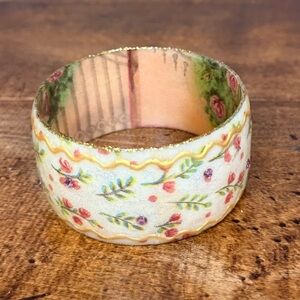 Iris Design Wide Resin Bangle Bracelet Hand Painted Floral Glitter Accents